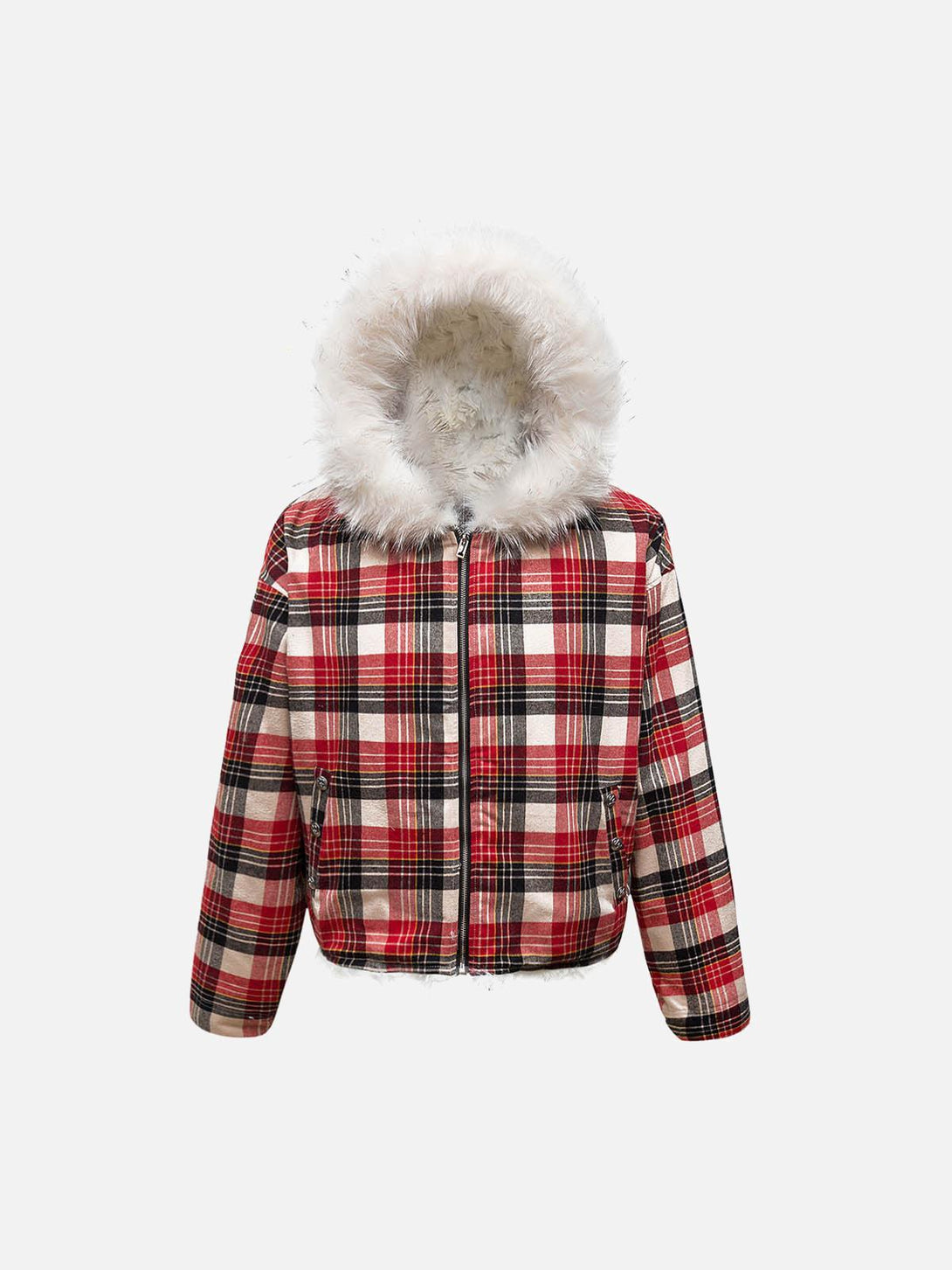 Front view of a red plaid jacket with fur hood by TALISHKO, perfect for cozy street style.