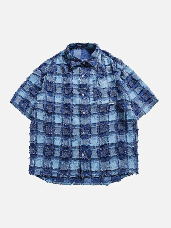 Front view of a blue plaid short sleeve shirt by TALISHKO, featuring a textured design.