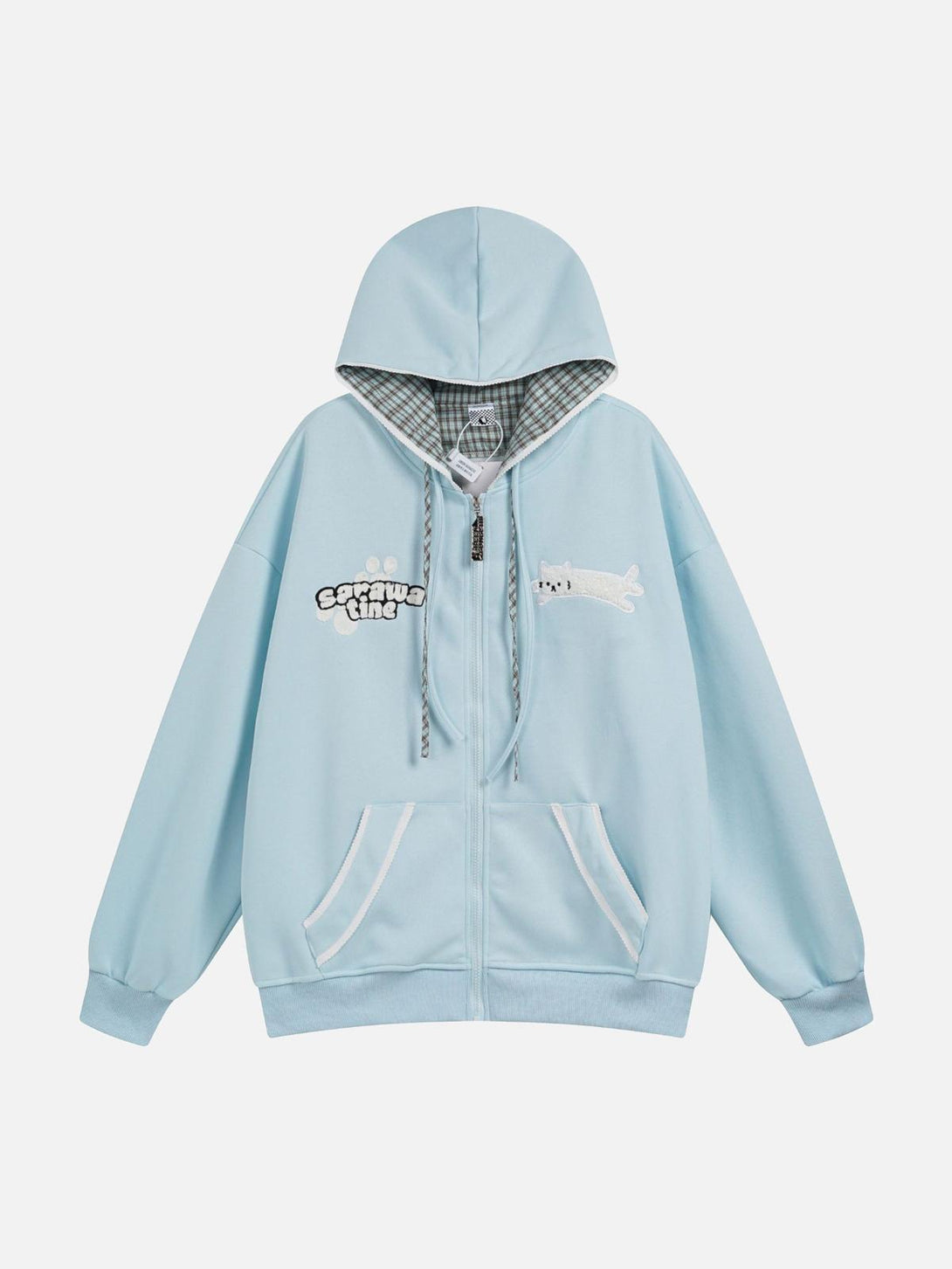 Light blue plaid-stacked hoodie by TALISHKO, front view featuring playful embroidered details.