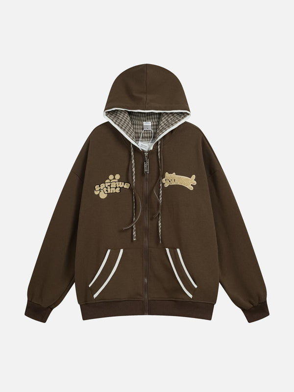 Brown plaid-stacked color hoodie by TALISHKO, front view showcasing unique design details.