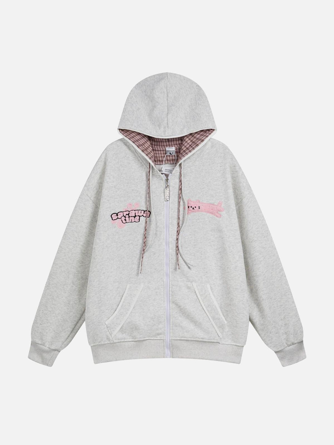 Gray plaid hoodie by TALISHKO, front view highlighting playful pink embroidery accents.