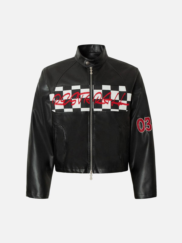 Stylish black motorcycle leather jacket by TALISHKO, featuring bold red stitching and checkered design.