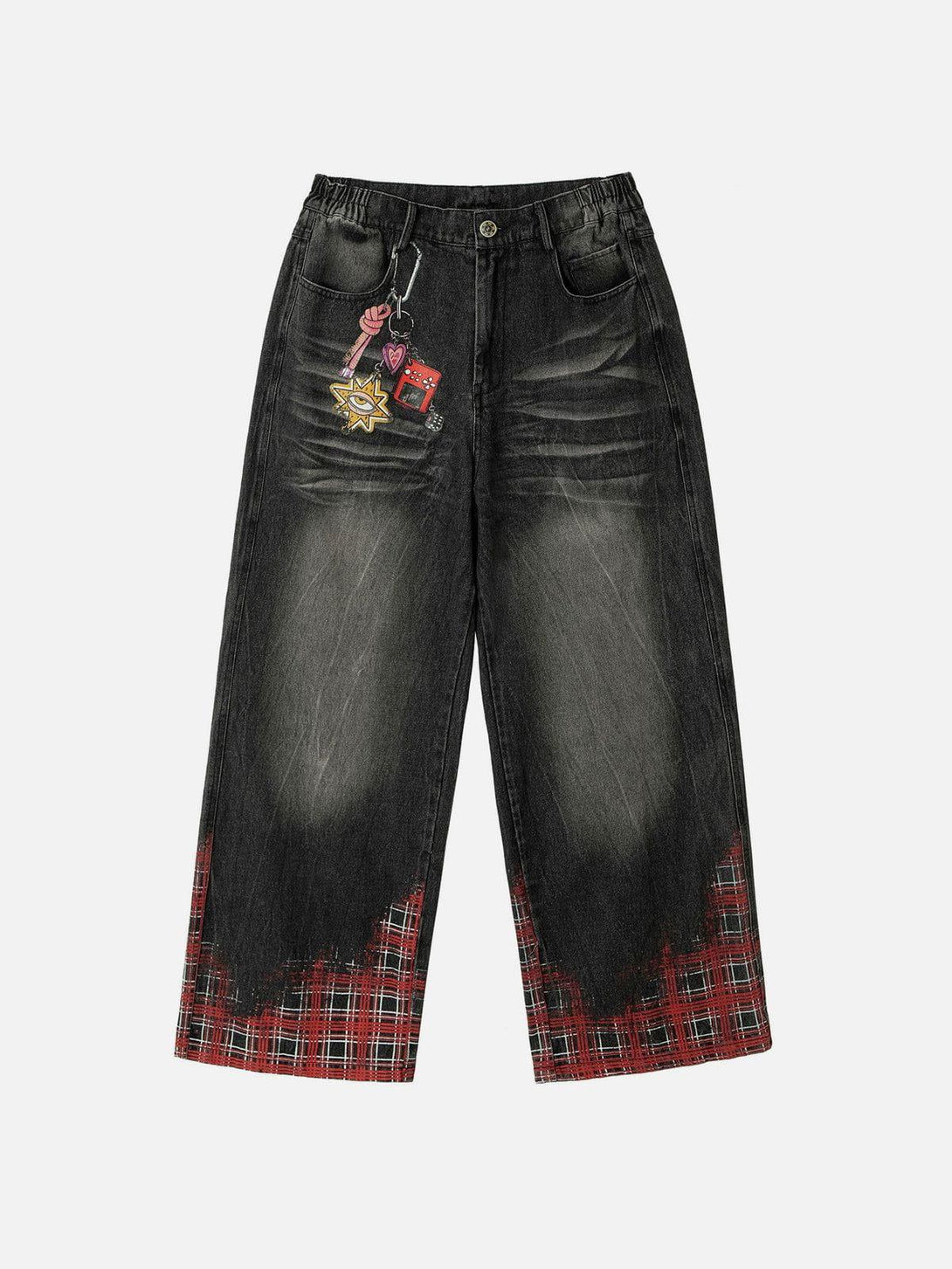 Front view of black loose jeans with plaid hem and playful graphics, designed by TALISHKO.