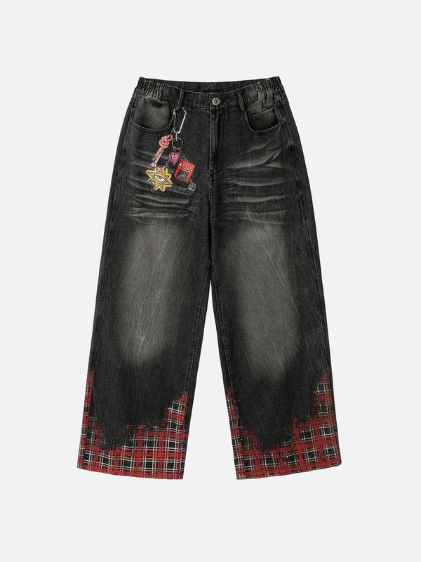 Front view of black loose jeans with plaid hem and playful graphics, designed by TALISHKO.