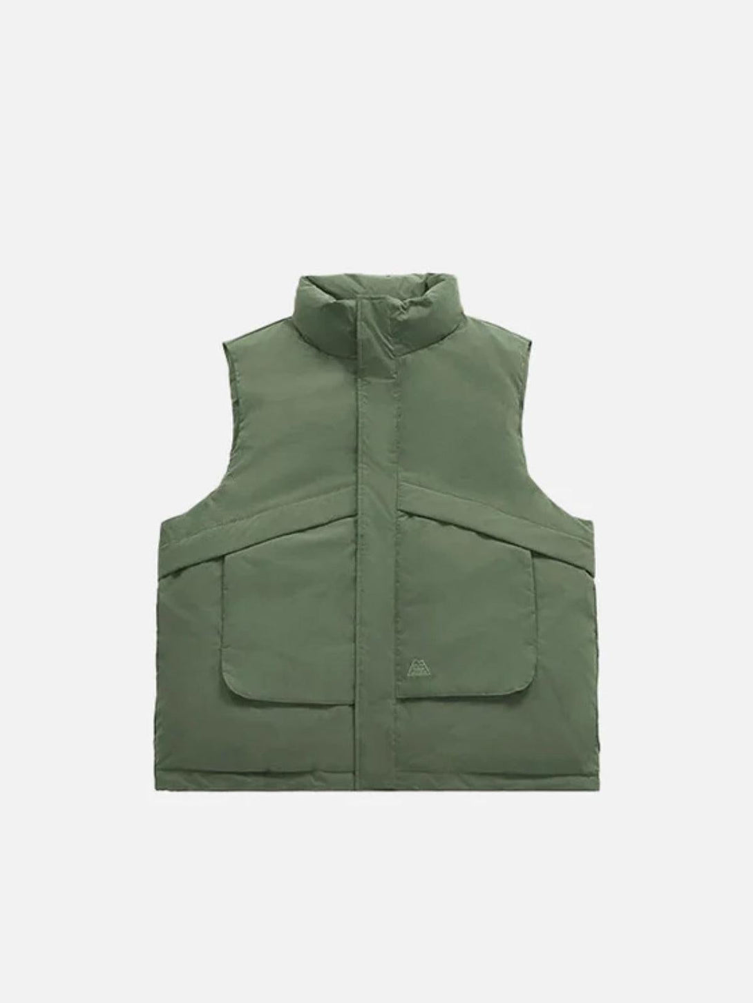 Front view of an army green windproof vest by TALISHKO, featuring large front pockets.
