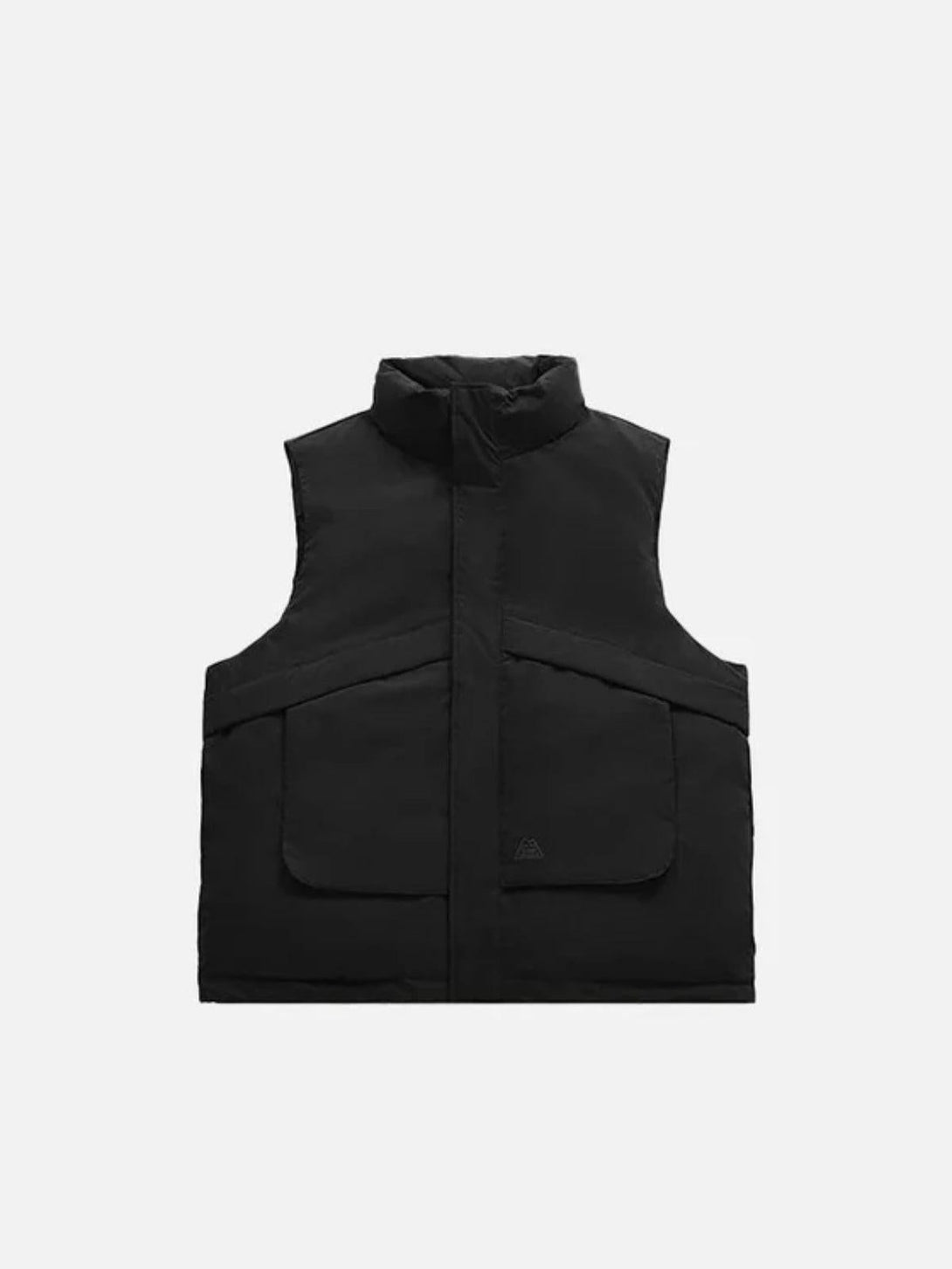 Front view of a black windproof vest by TALISHKO, featuring large practical pockets.