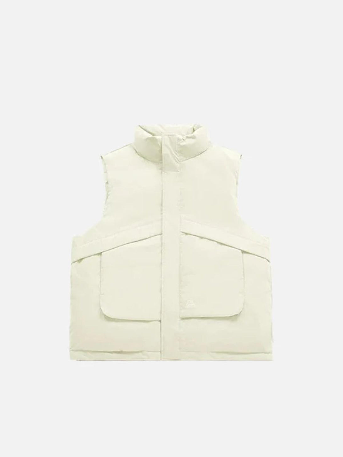 Front view of a white windproof vest by TALISHKO, highlighting its large front pockets.