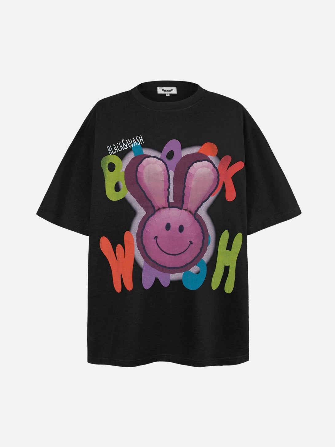 TALISHKO black tee with vibrant bunny pop art design, front view showcasing playful colors.