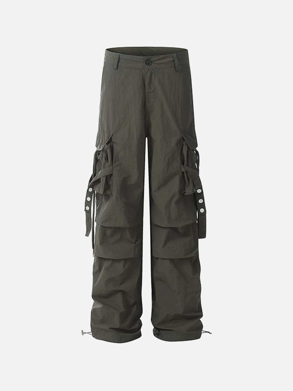 Green pleated bandage drawstring cargo pants by TALISHKO, featuring a stylish front view.