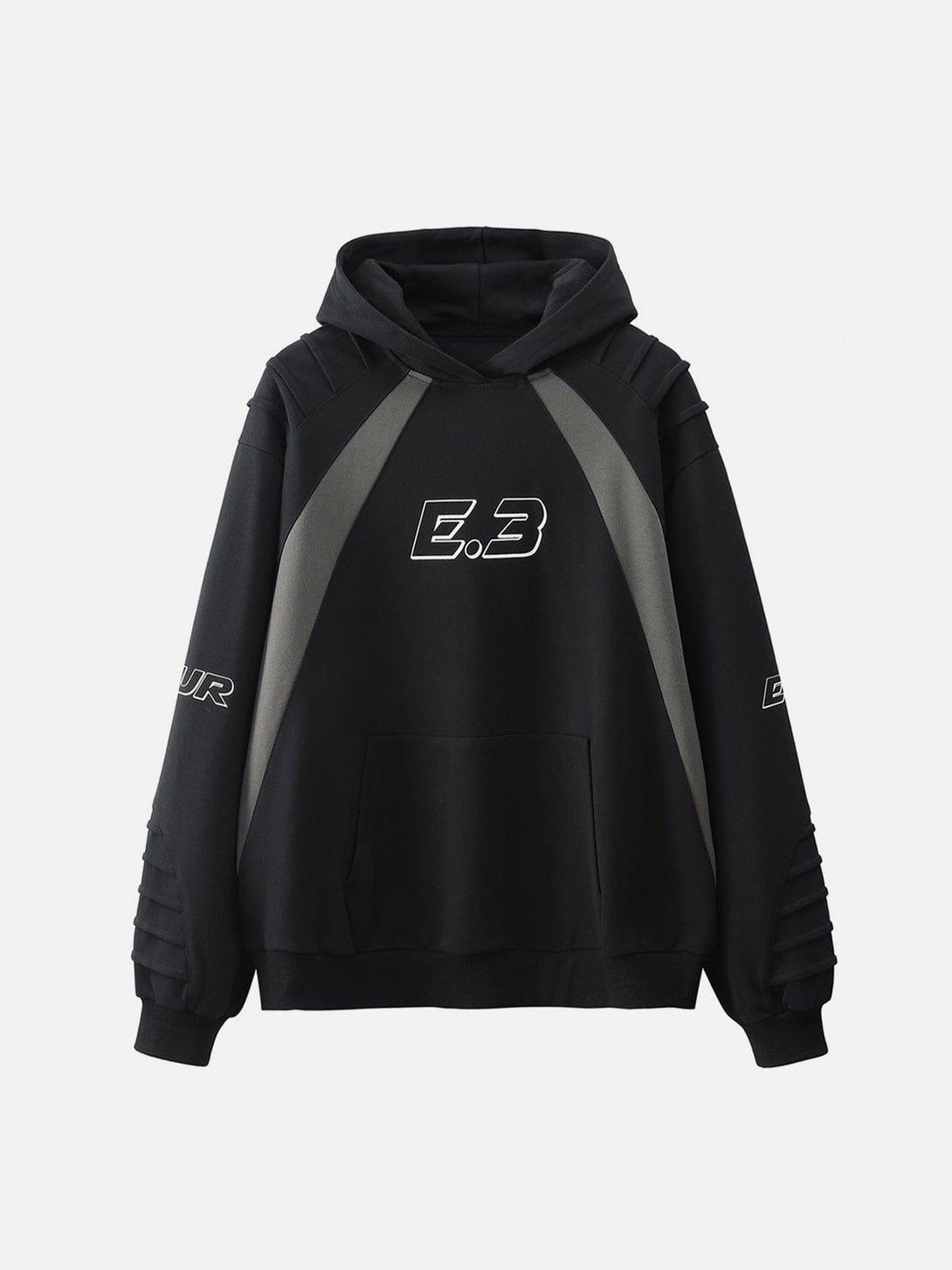 Front view of TALISHKO black hoodie with pleated details and unique material splicing.