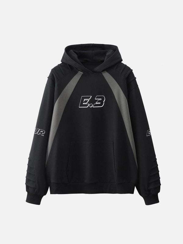 Front view of TALISHKO black hoodie with pleated details and unique material splicing.