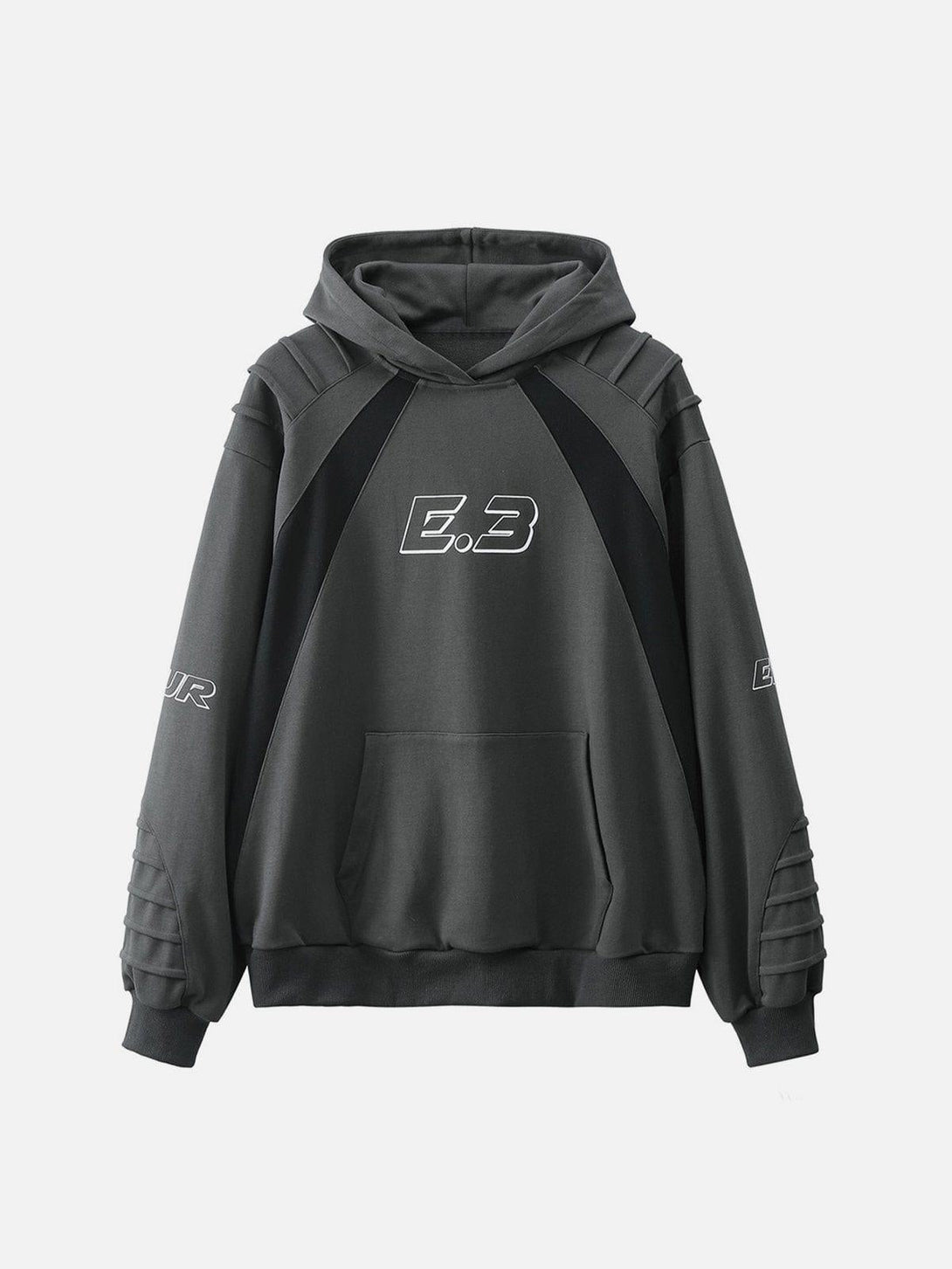 Front view of TALISHKO gray hoodie with pleated accents and bold graphic design.
