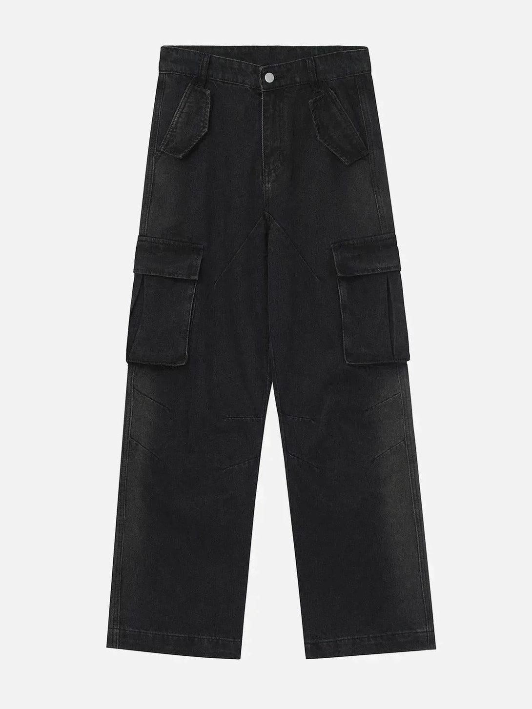 Front view of black pleated pocket jeans by TALISHKO, offering a trendy, urban style.