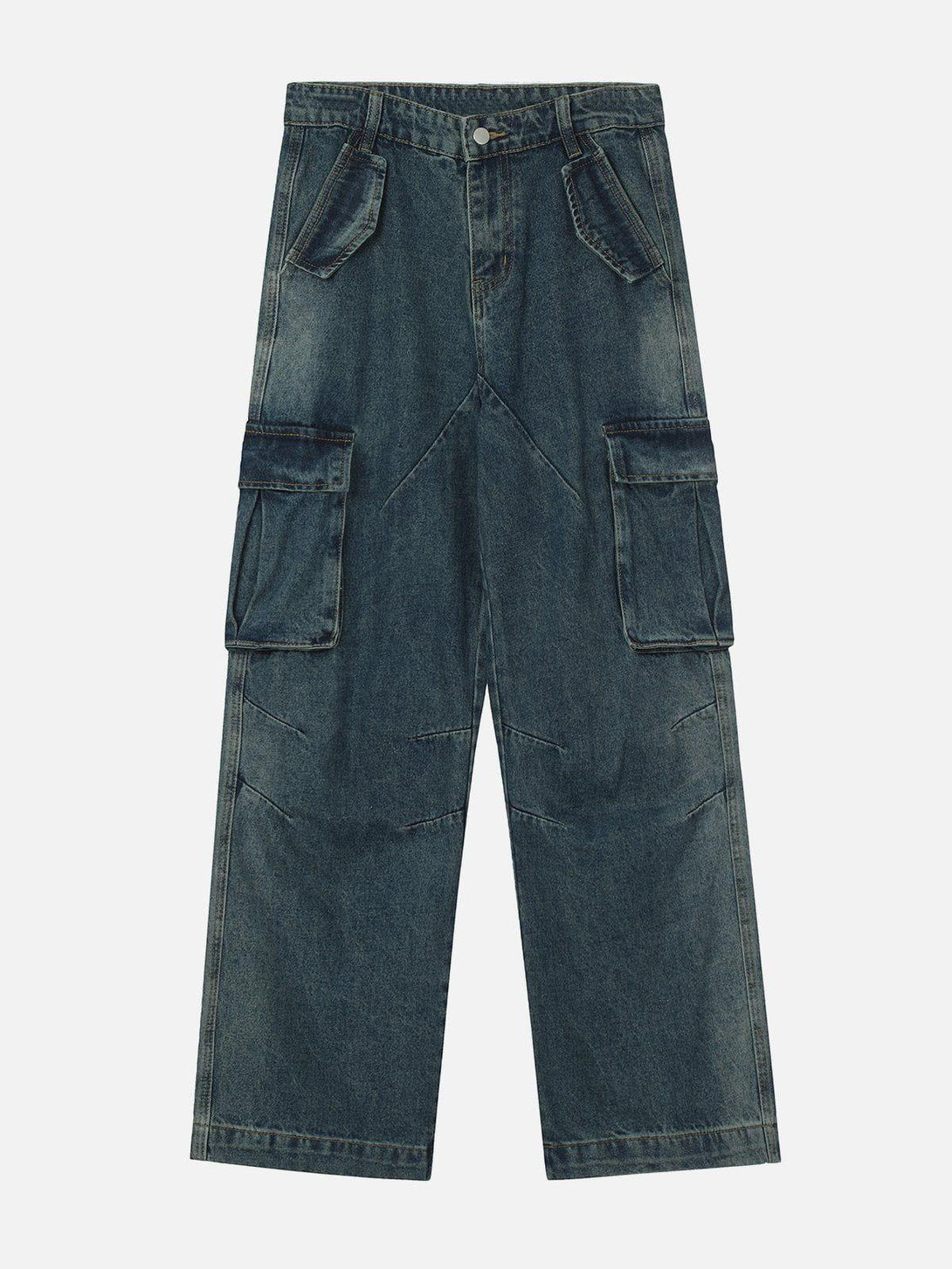 Front view of blue pleated pocket jeans by TALISHKO, perfect for a casual, trendy look.