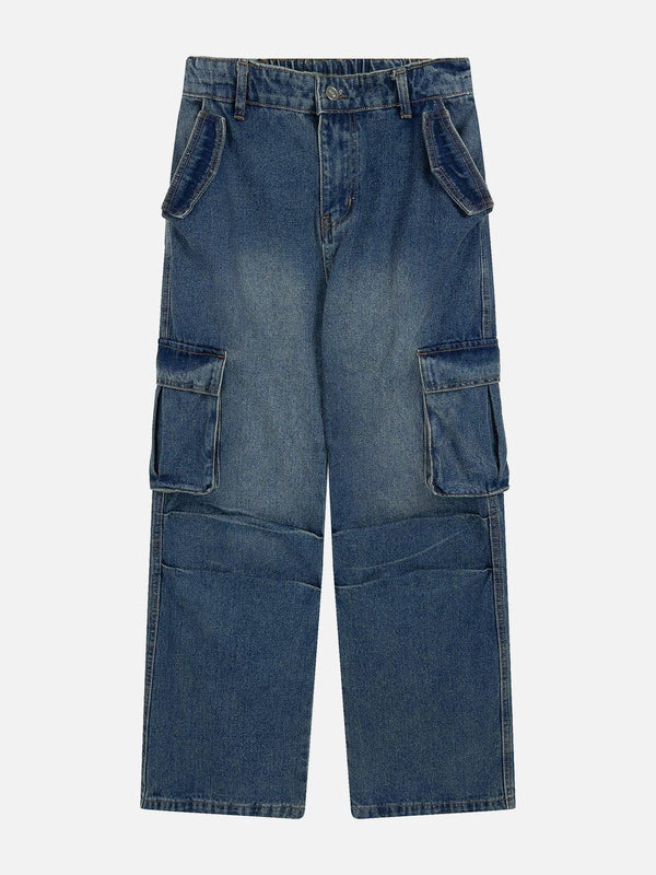 Blue pleated multi-pocket jeans by TALISHKO, front view showcasing urban style.