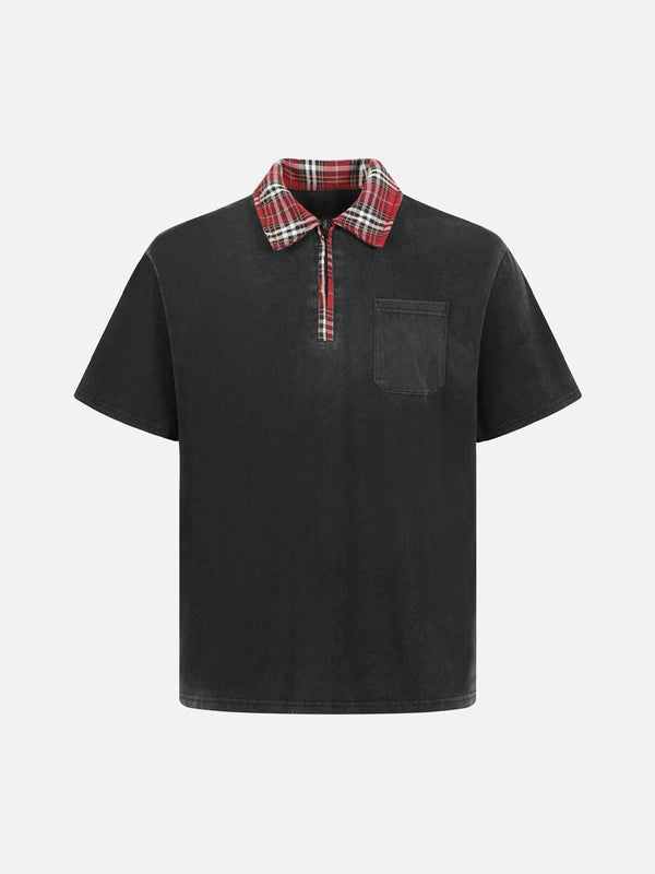 TALISHKO black polo T-shirt with a plaid lapel and front pocket, showcasing modern street style.