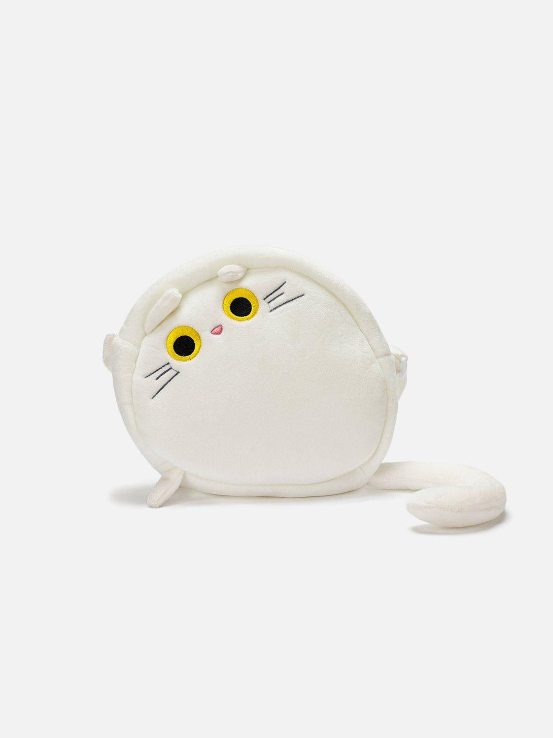 Adorable white plush cat crossbody bag by TALISHKO, showcasing a whimsical front design.