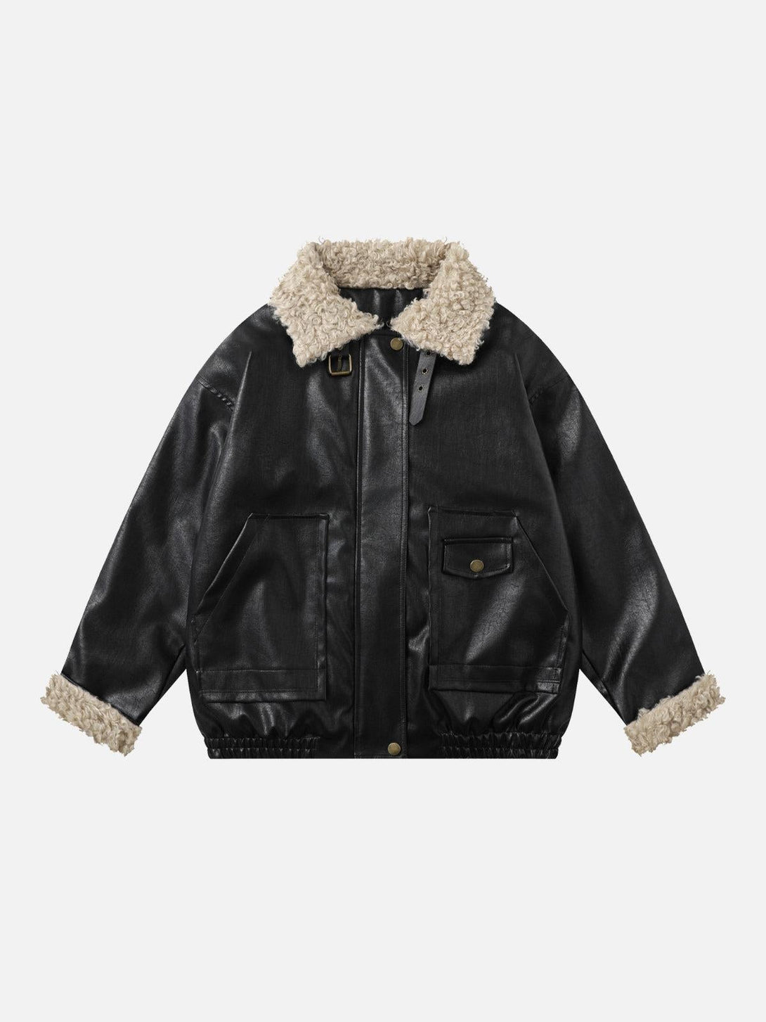 Front view of black faux leather jacket with plush collar by TALISHKO, ideal for urban style.