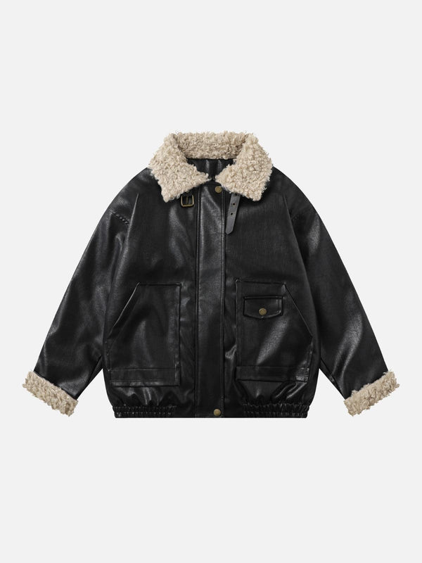 Front view of black faux leather jacket with plush collar by TALISHKO, ideal for urban style.