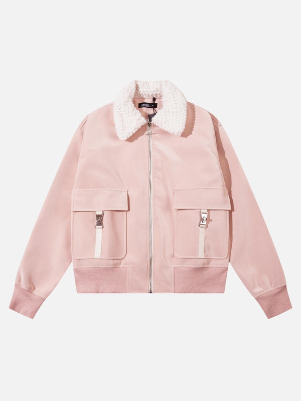 Front view of a pink faux leather jacket with plush collar by TALISHKO, perfect for urban style.