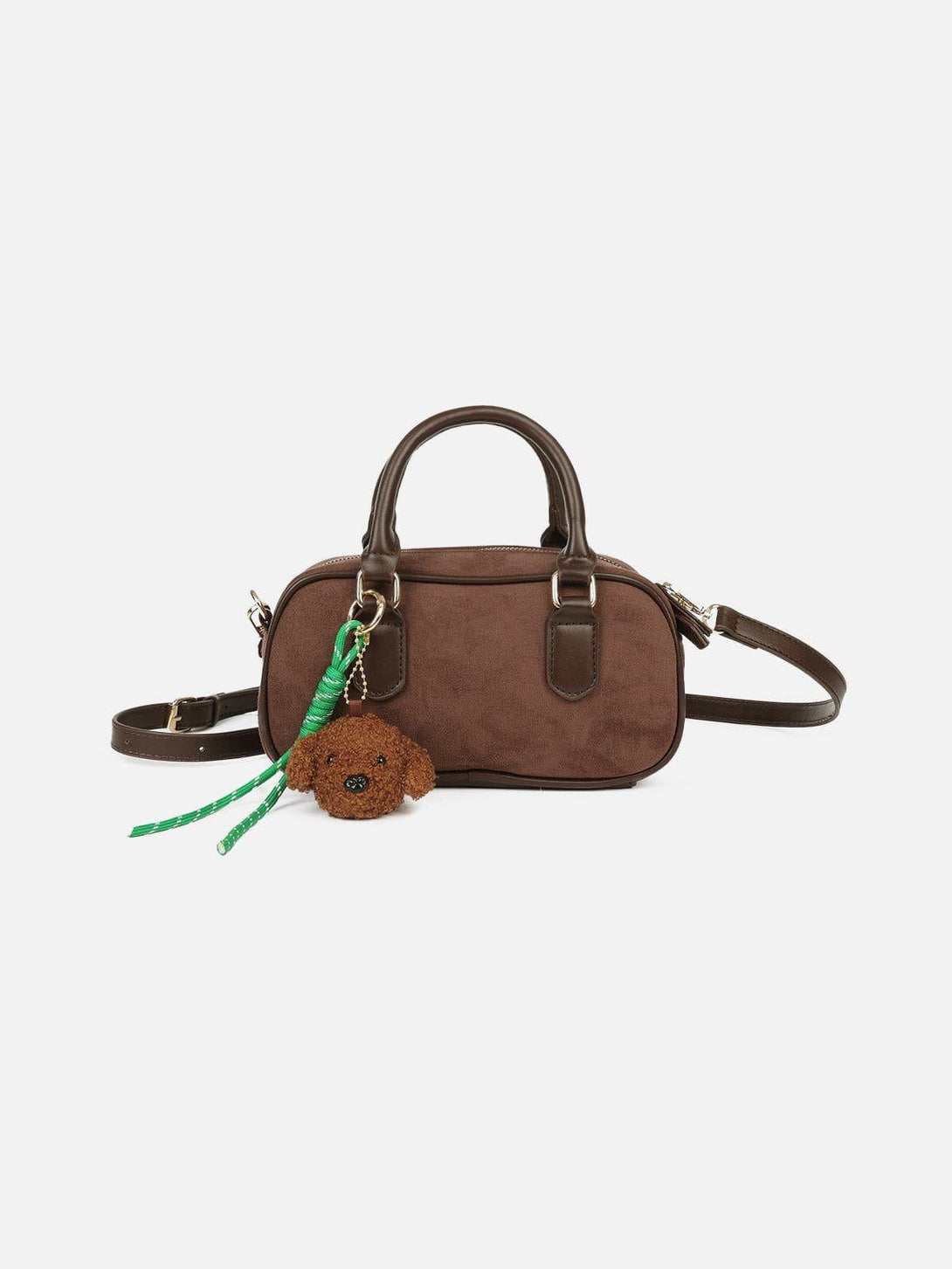 Front view of a coffee suede bag by TALISHKO featuring a cute plush dog charm.