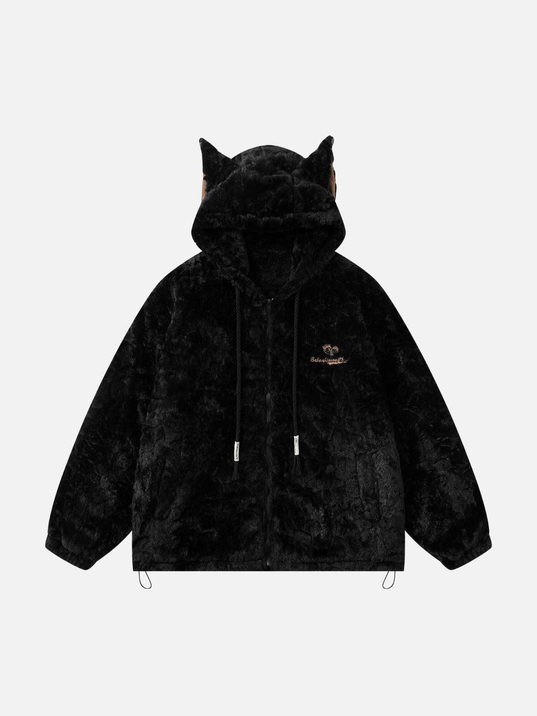 Front view of a black plush ear hoodie jacket by TALISHKO, featuring cozy street style.