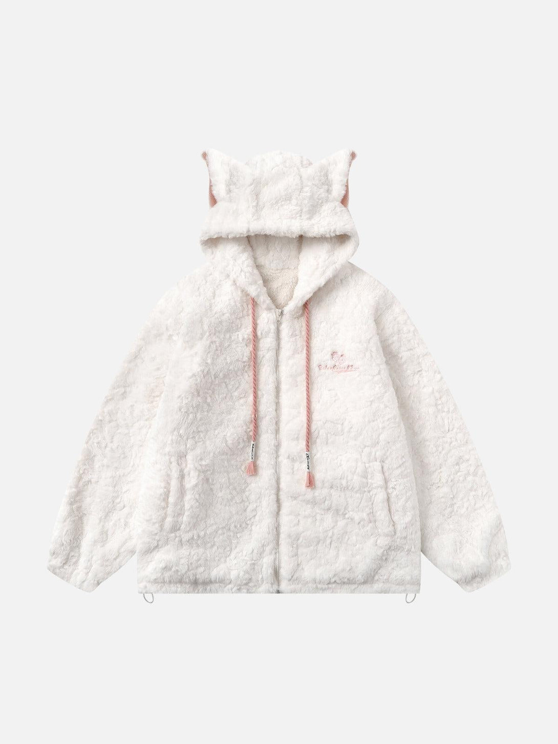 Front view of a white plush ear hoodie jacket by TALISHKO, featuring pink drawstrings.