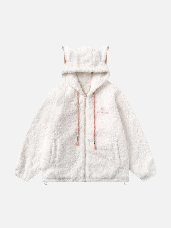 Front view of a white plush ear hoodie jacket by TALISHKO, featuring pink drawstrings.