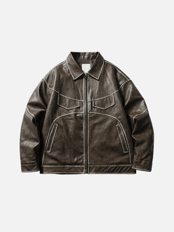 Front view of a coffee faux leather jacket with patchwork details by TALISHKO.