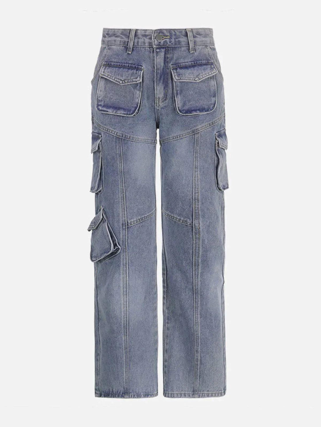 Front view of blue high-rise straight leg jeans by TALISHKO, featuring pocket patchwork.