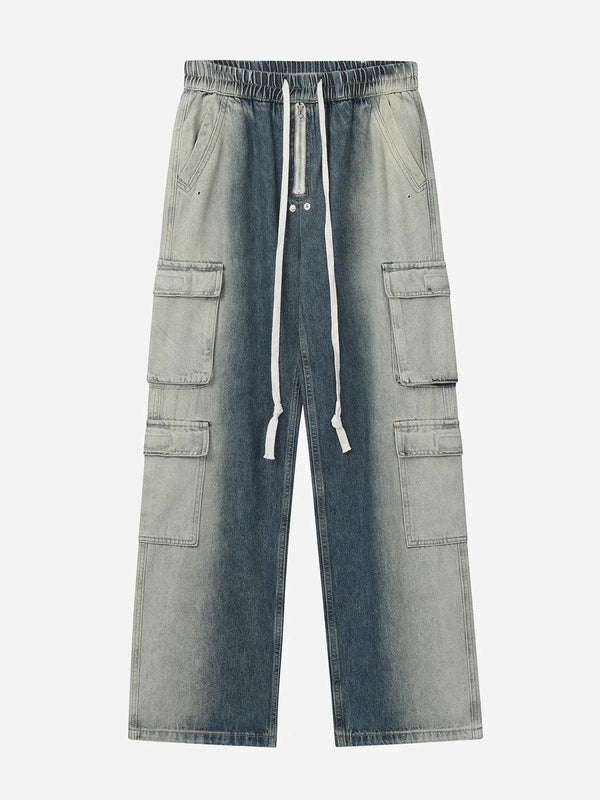 Front view of blue pocketed jeans by TALISHKO, featuring a drawstring waist and cargo style.