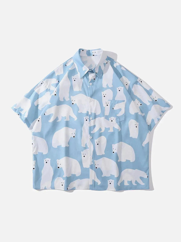 Blue polar bear print short sleeve shirt by TALISHKO, showcasing a playful front view design.