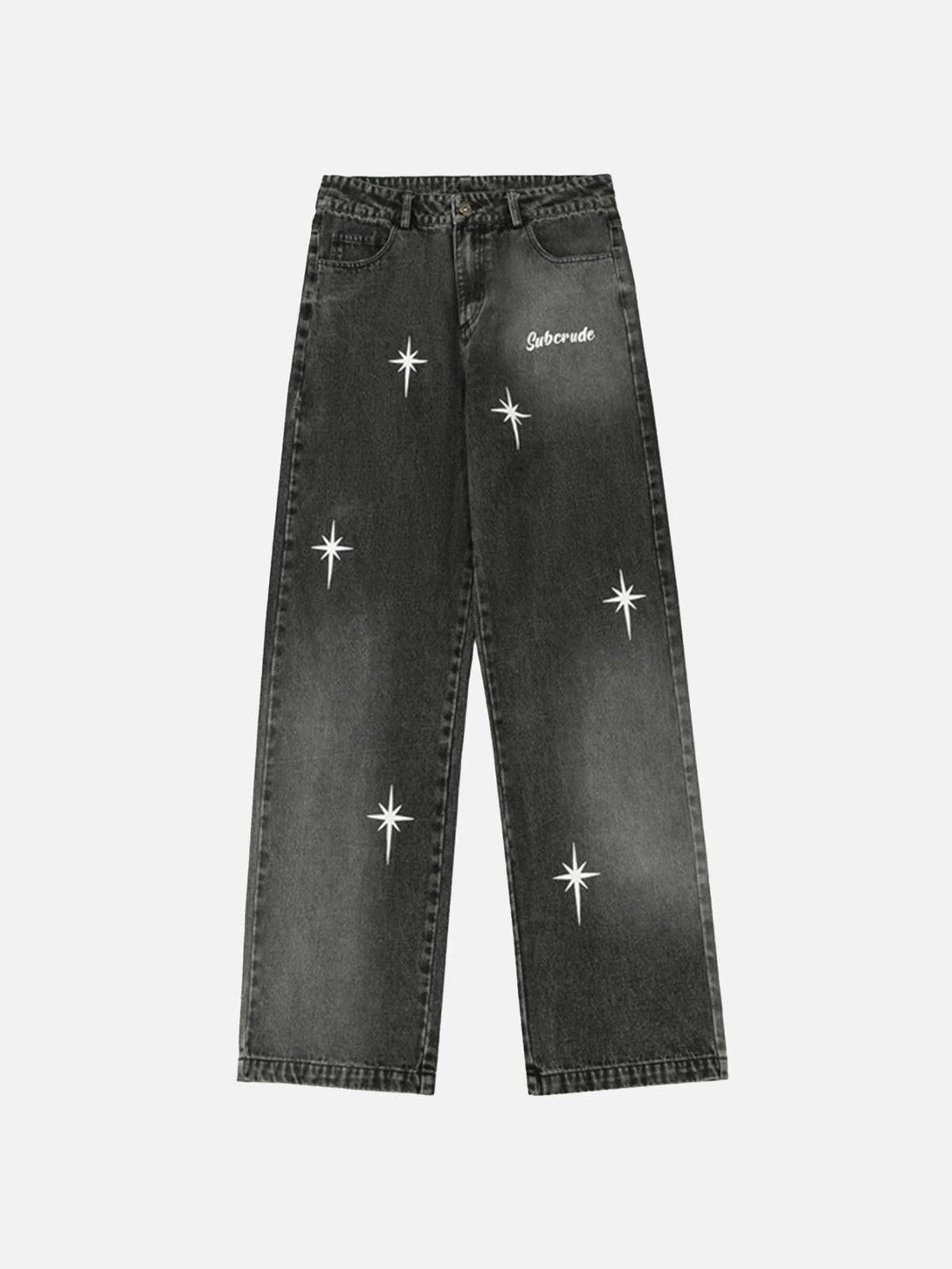 Front view of black TALISHKO straight jeans featuring star patterns, ideal for urban style.