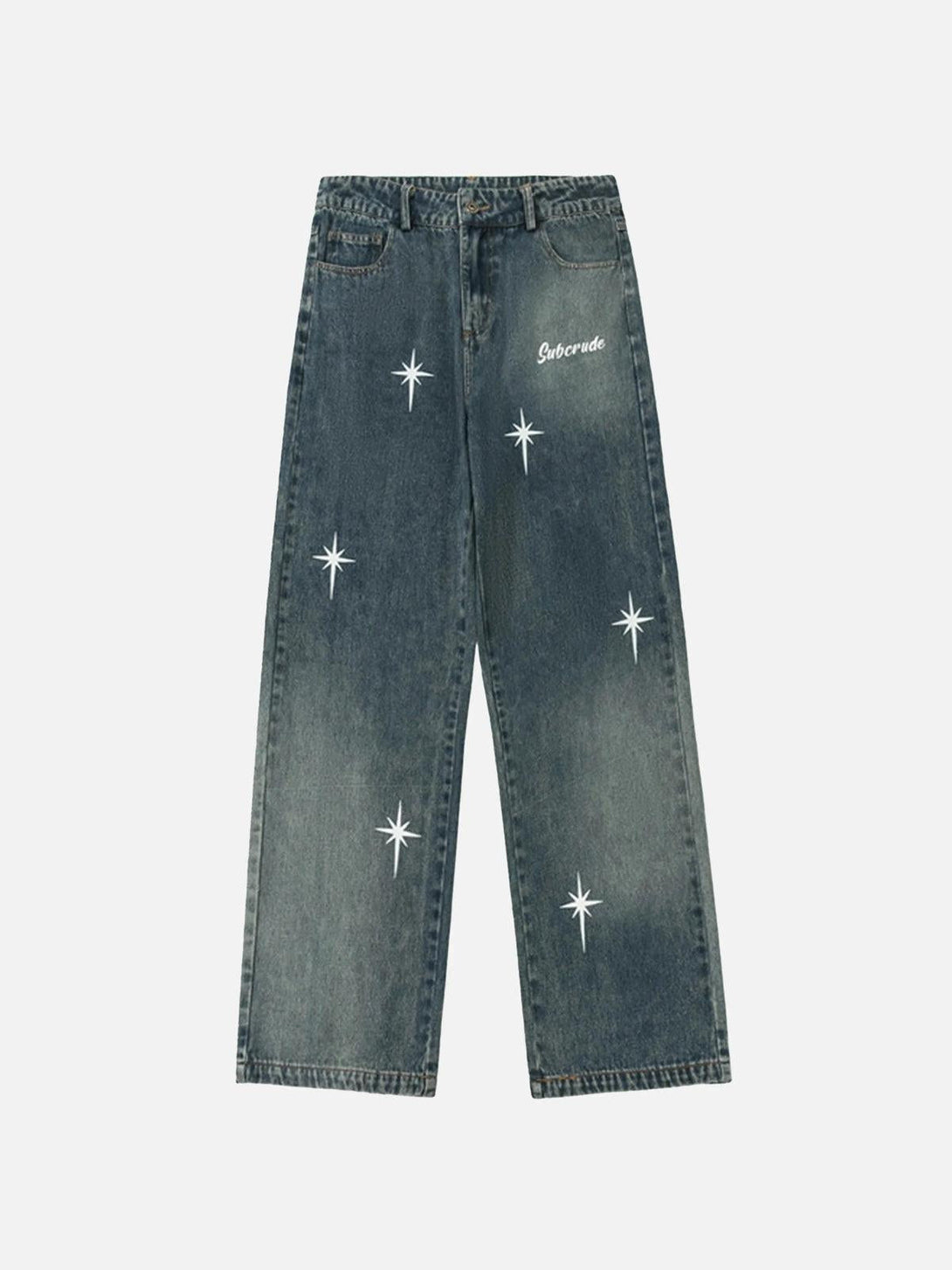 Front view of blue TALISHKO straight jeans with star print, perfect for casual styling.