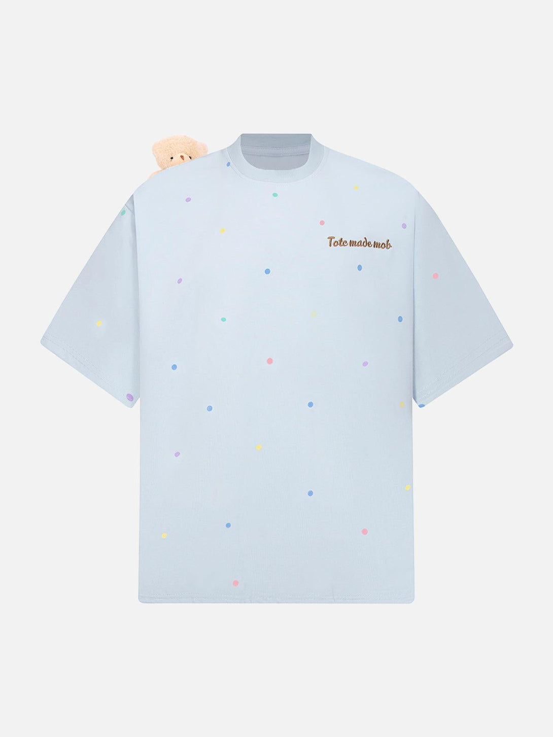 TALISHKO's blue t-shirt features colorful polka dots and a cute bear detail, perfect for a playful look.