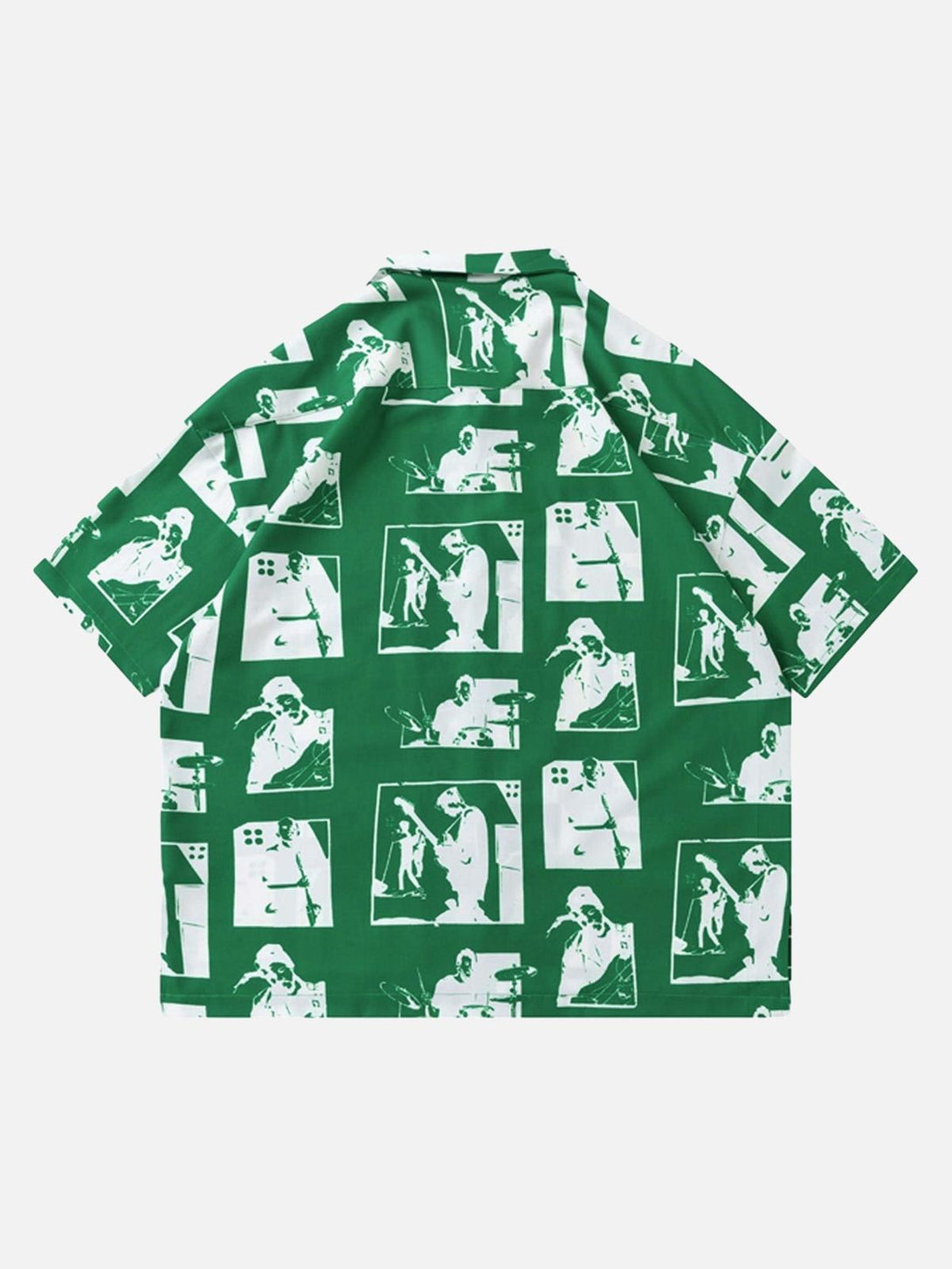 Back view of a green portrait-patterned short-sleeved shirt by TALISHKO, ideal for casual wear.