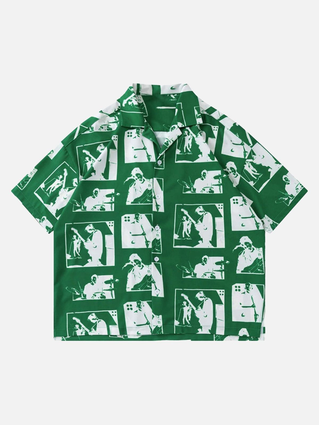 Front view of a green portrait-patterned short-sleeved shirt by TALISHKO, ideal for urban style.