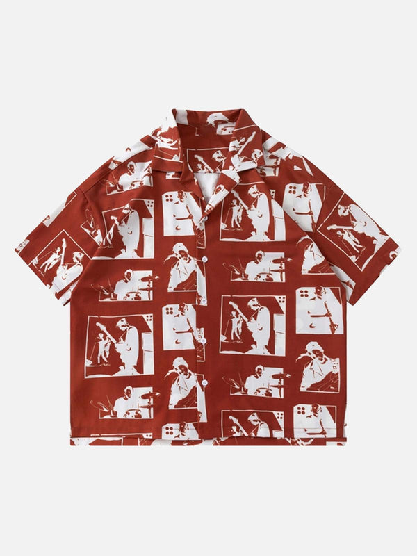 Front view of a red portrait-patterned short-sleeved shirt by TALISHKO, perfect for casual style.