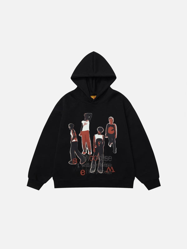 Front view of a black portrait print hoodie by TALISHKO, featuring bold graphic design.