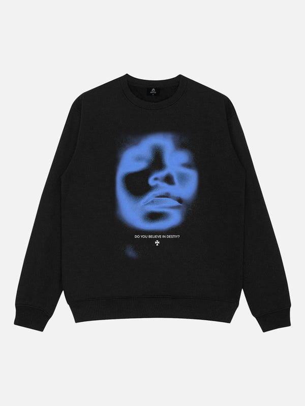 Front view of black TALISHKO sweatshirt featuring a blue portrait print and text detail.