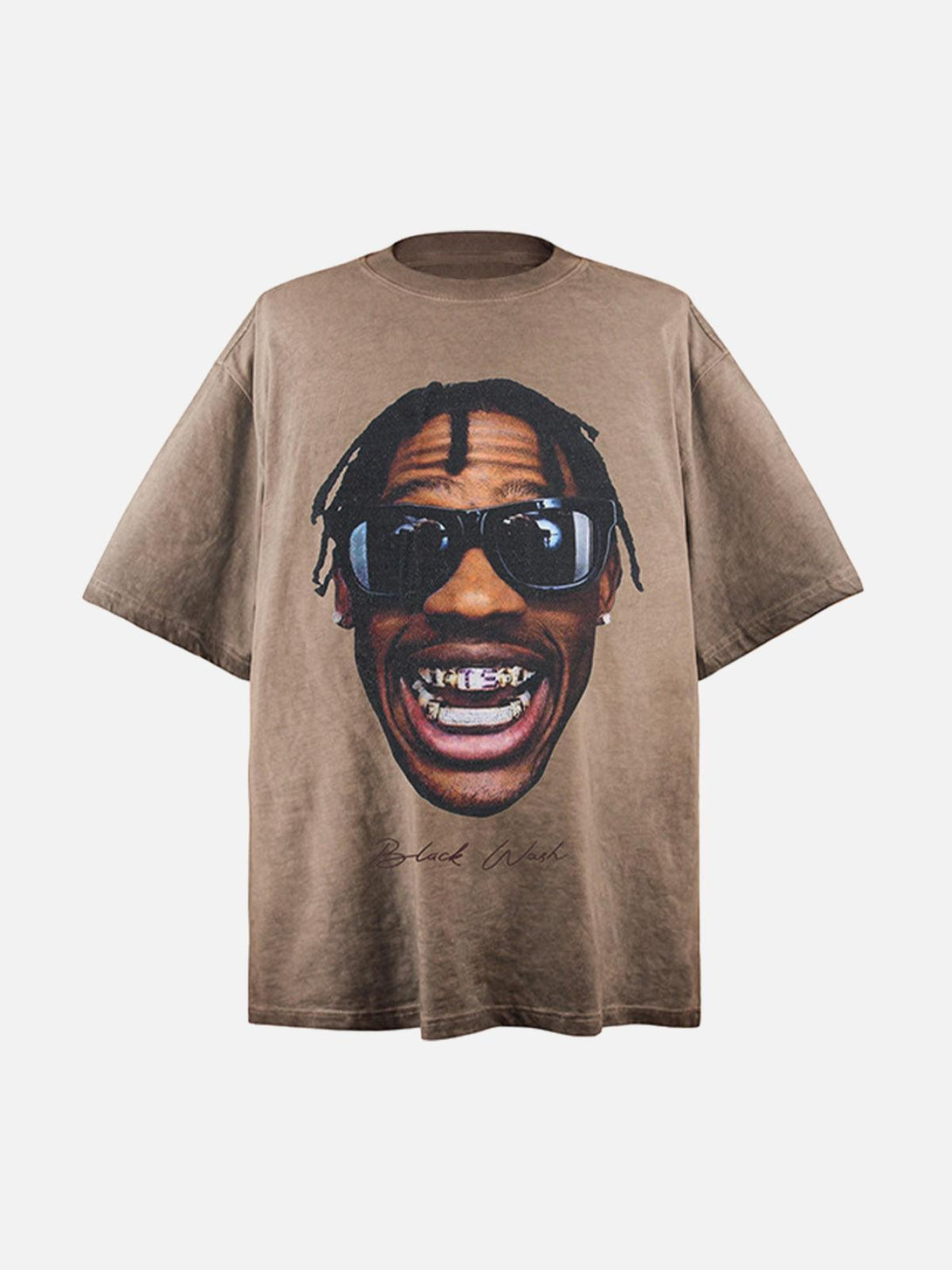 Khaki crew neck T-shirt featuring a bold portrait print by TALISHKO, front view.