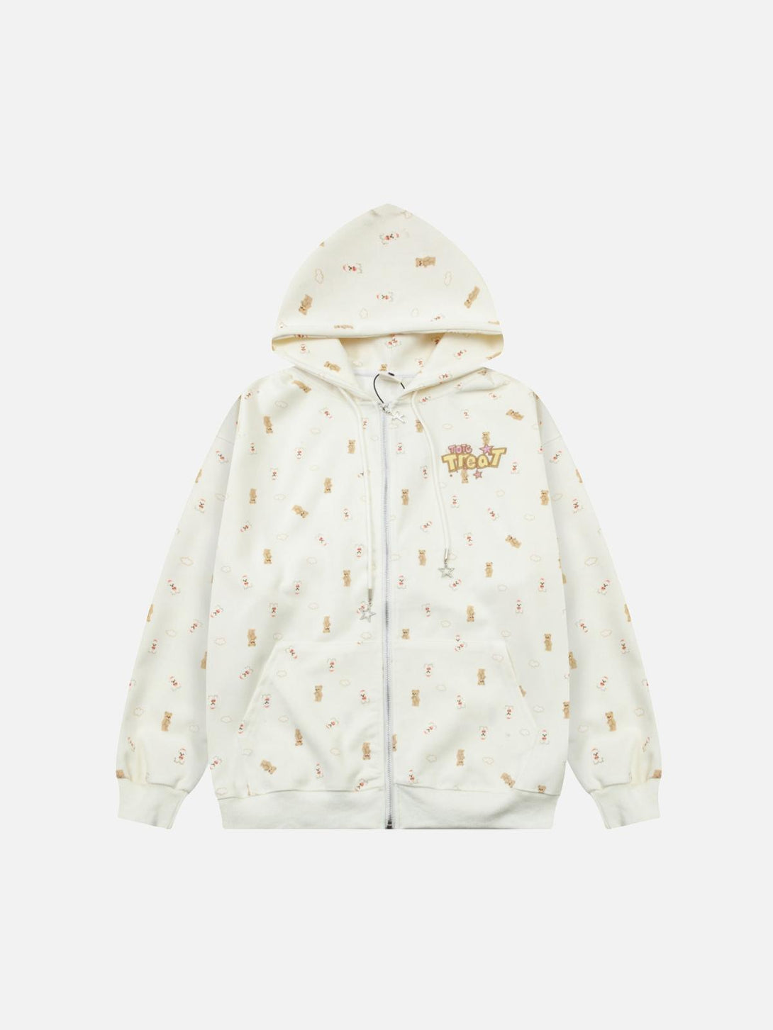 Front view of apricot hoodie with cute bear print by TALISHKO, adding charm to casual wear.