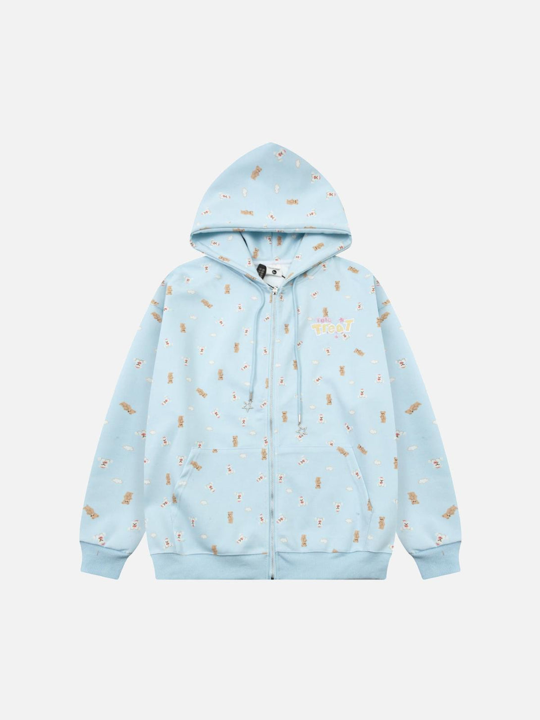 Front view of a blue hoodie with bear print by TALISHKO, perfect for a playful style.