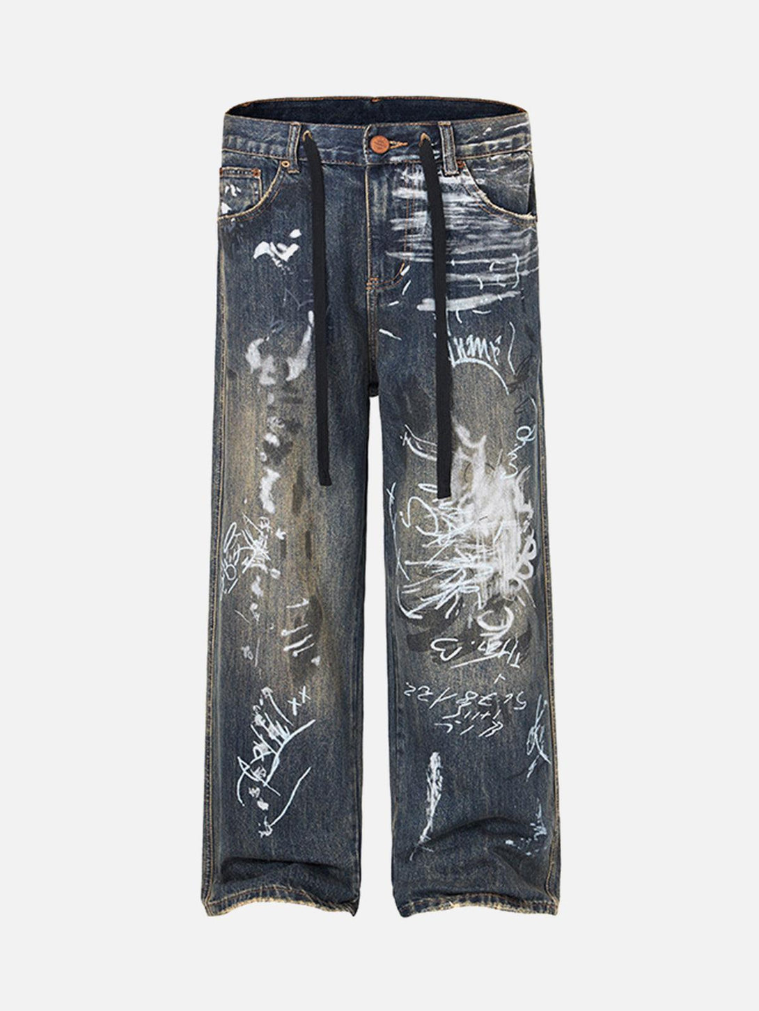 Front view of blue baggy jeans by TALISHKO, featuring unique hand-painted graffiti designs.