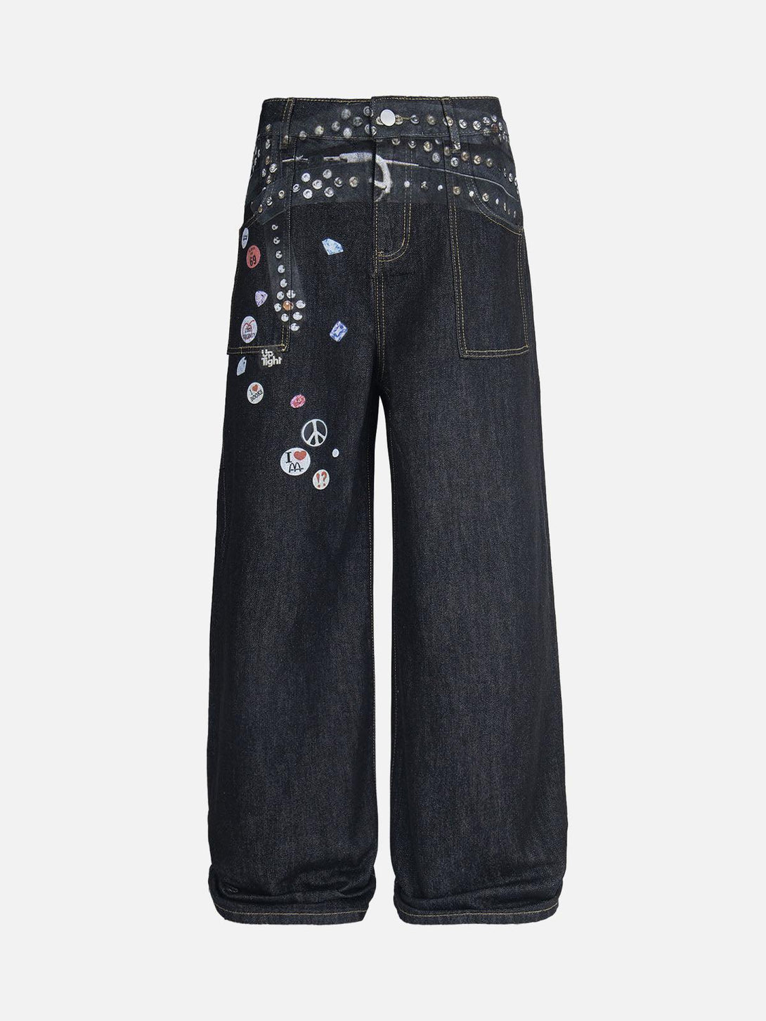 Black baggy jeans with playful prints and embellishments by TALISHKO, front view.