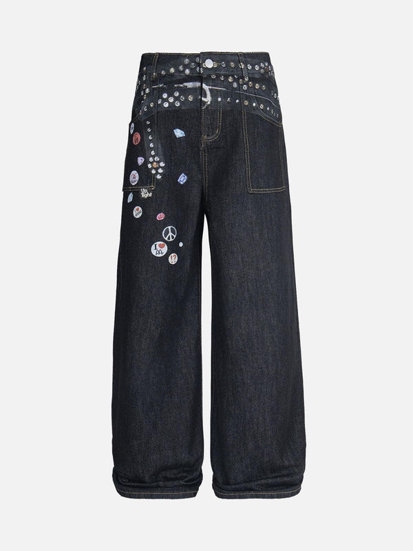 Black baggy jeans with playful prints and embellishments by TALISHKO, front view.