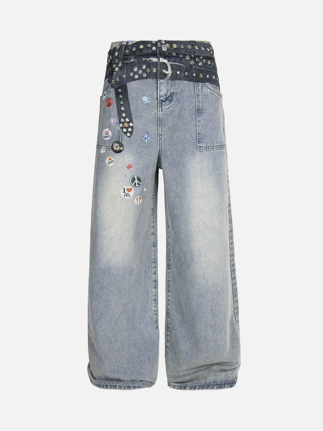 Blue baggy jeans with playful prints and embellishments by TALISHKO, front view.
