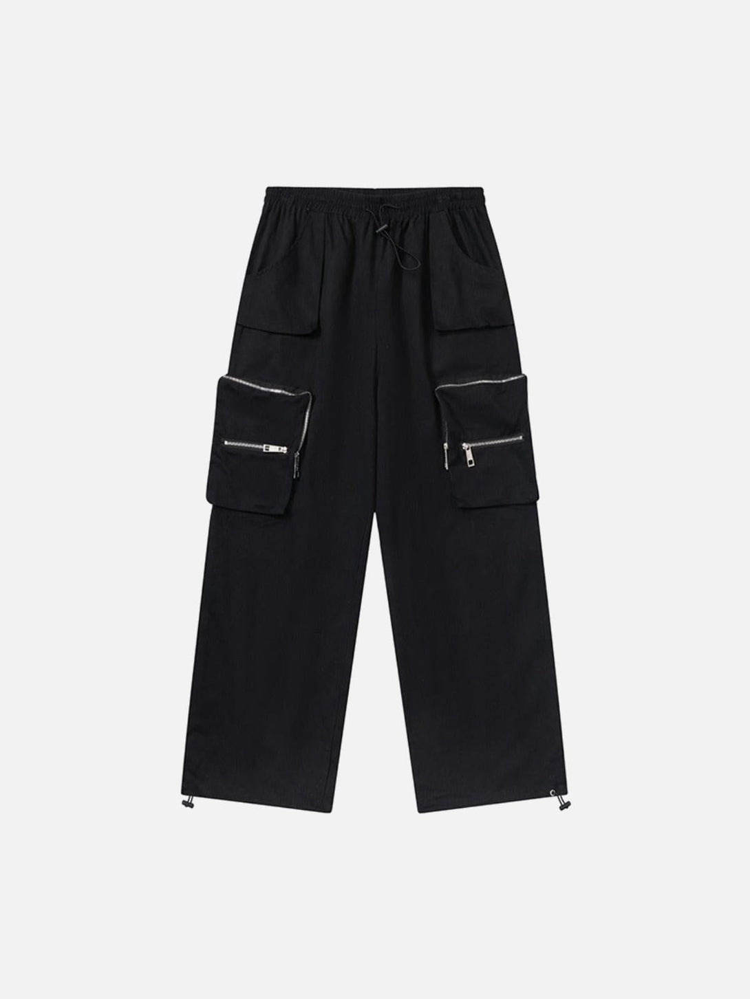 Front view of black cargo pants with drawstring and multi-pocket design by TALISHKO.