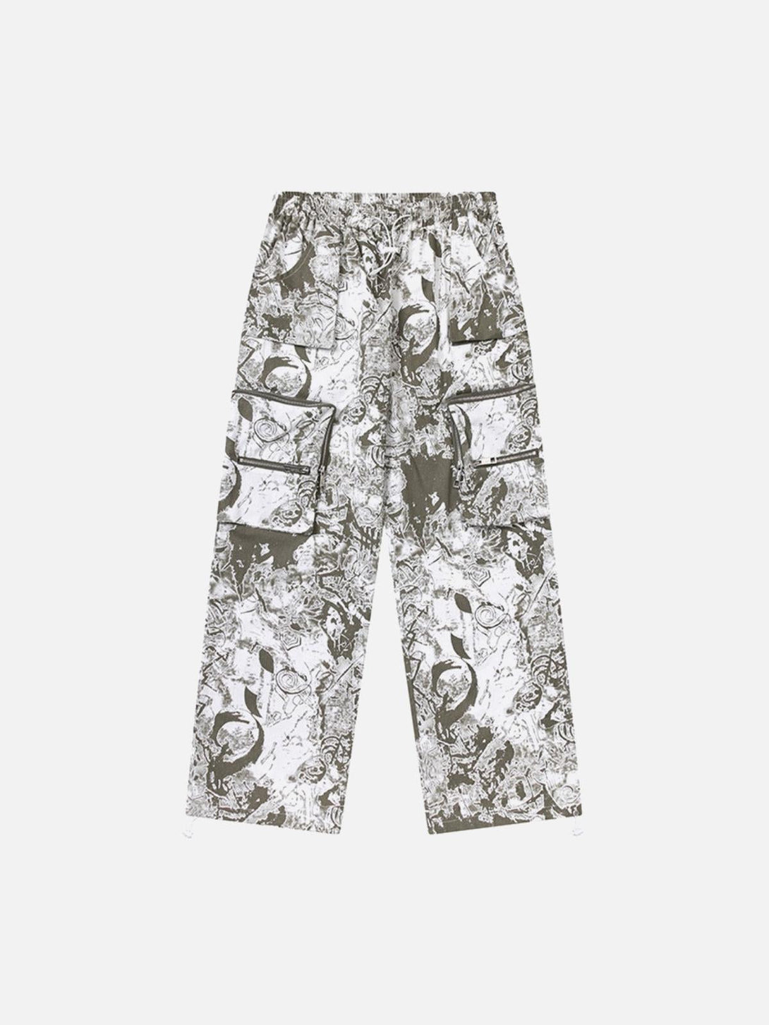 Front view of white printed drawstring cargo pants with multi-pocket design by TALISHKO.