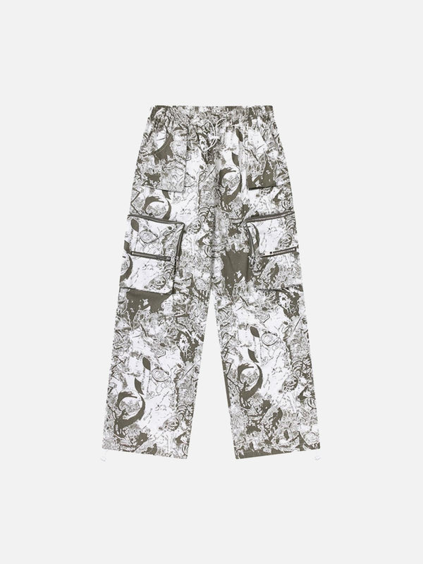 Front view of white printed drawstring cargo pants with multi-pocket design by TALISHKO.